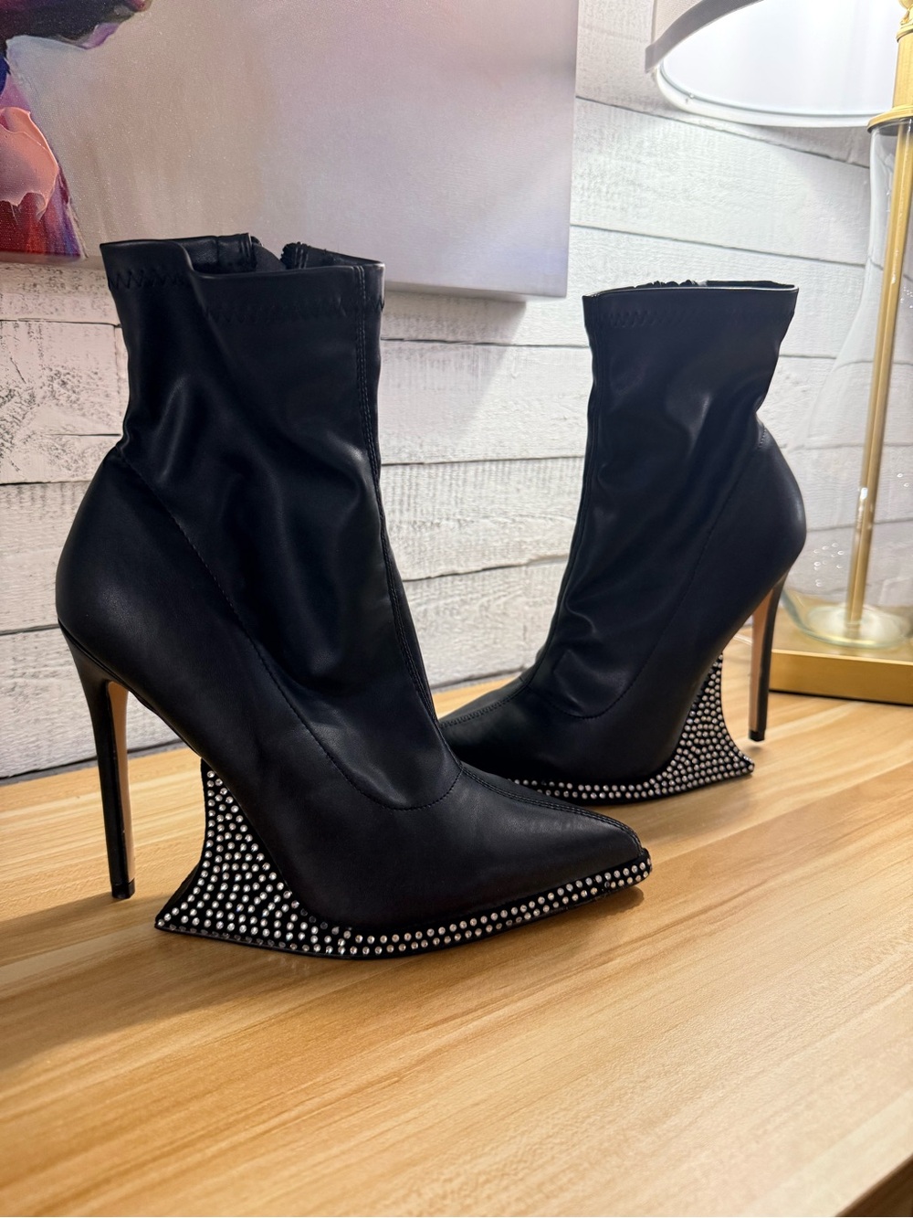 EGO Black Pointed Toe Stiletto Sock Boots with Studded Wedge Detail